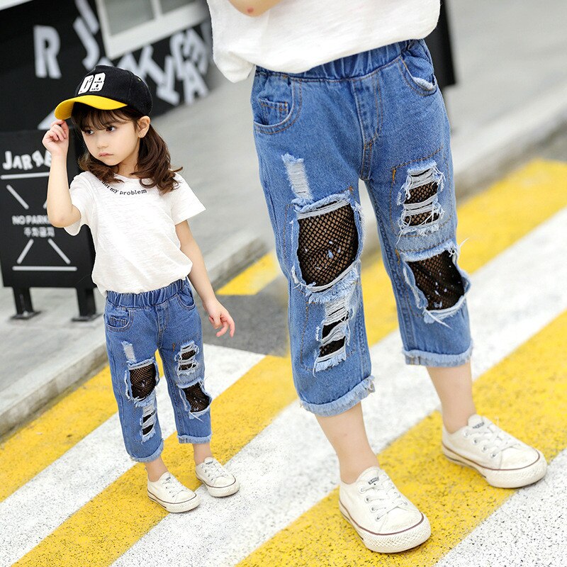 Girls Ripped Jeans Children Spring Summer Fall Korean Style Clothes Toddler Trousers Kids Cotton Nets Cropped Denim Pants