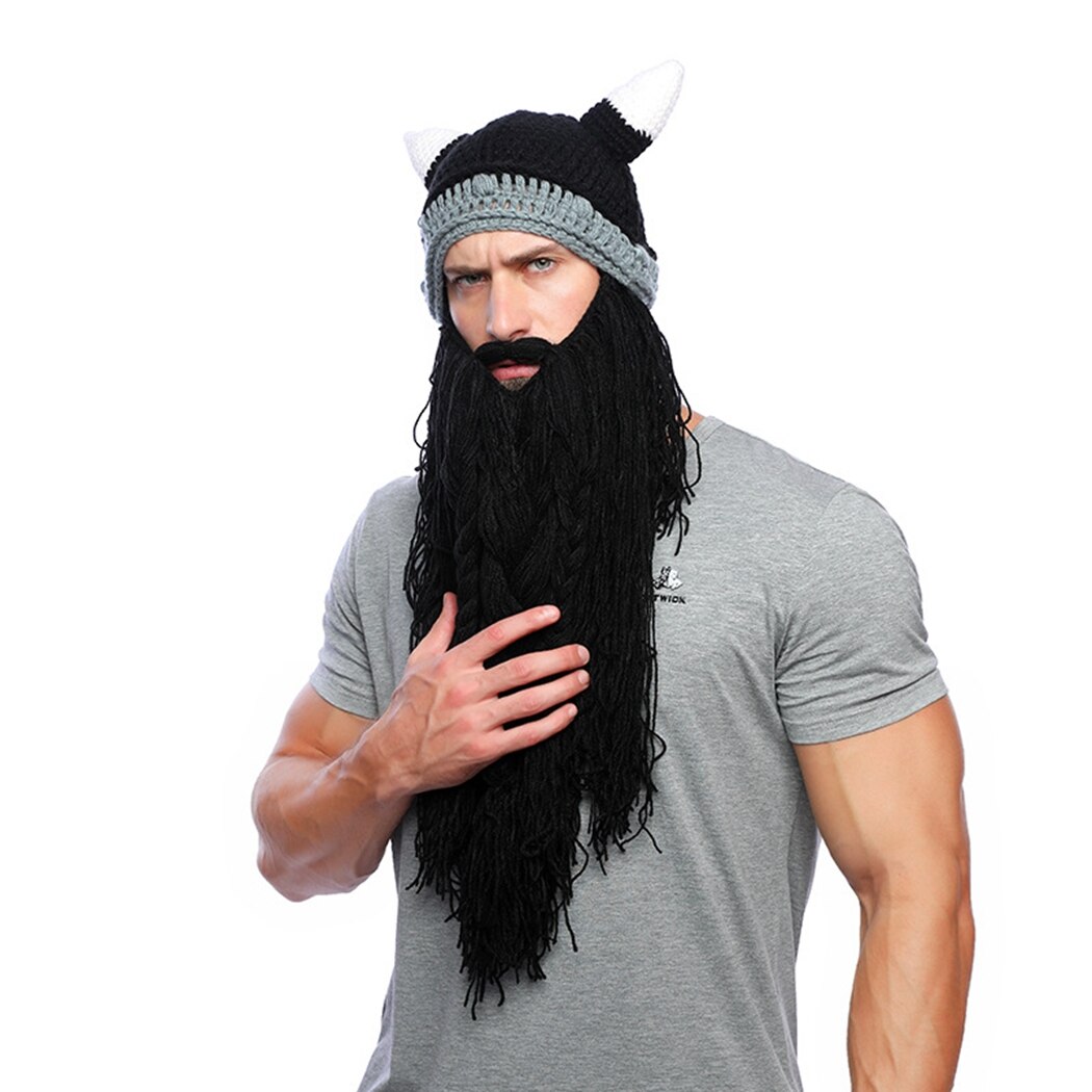 Hauska barbaari viikinkikypärä pipo hatut miesten halloween-parta cosplay juhlapuku torvihattu talvi lämmin konepelti: 001