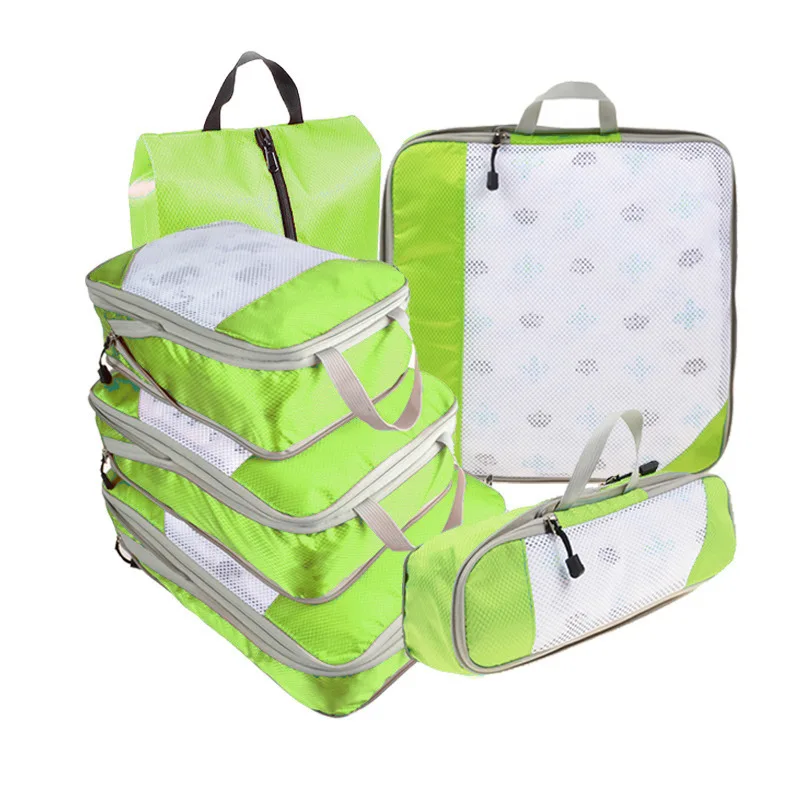6PCS Travel Compressed Packing Cubes Storage Organizer Set With Shoe Bag Mesh Visual Luggage Portable Lightweight Suitcase Bag: Pink