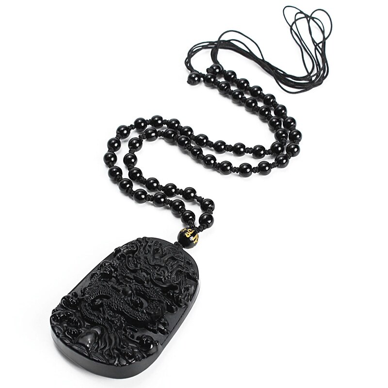 Unique Natural Obsidian Stone Carved Chinese Dragon Pendant With Beads Necklace Men Luck Jewelry Gemstone Fengshui Crafts