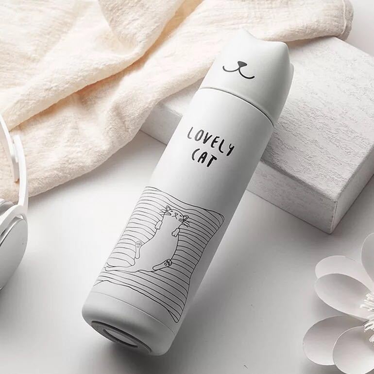 Termo para té , botella de agua aislada, frasco térmico para café, taza, enfriador, cerveza, termo de acero inoxidable, artículos para beber al aire libre: White cat