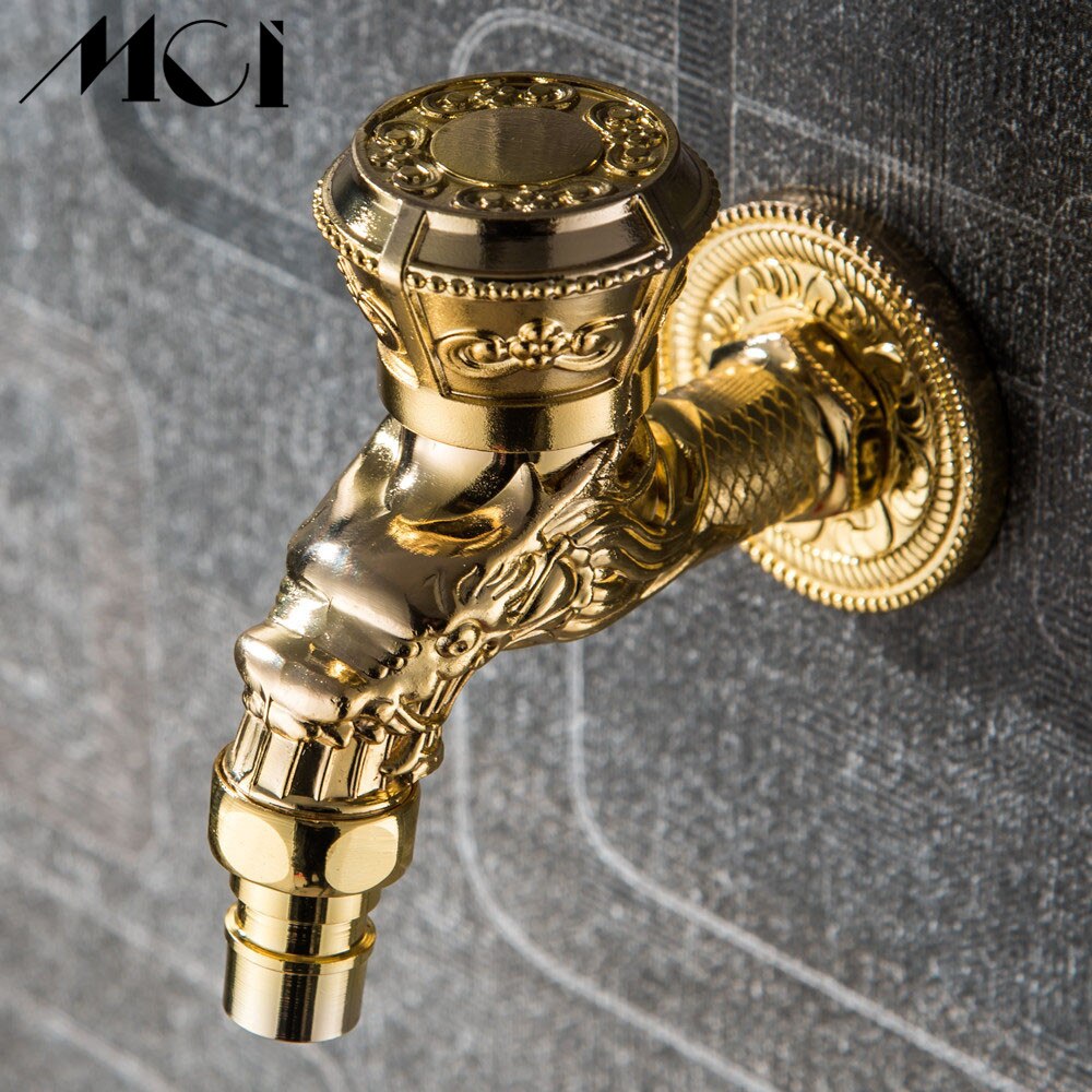 Carved Wall Mount Zinc Golden Water Wall Small Taps Decorative Garden Faucet Long Washing Machine Water Tap Basin Bibcock MCI