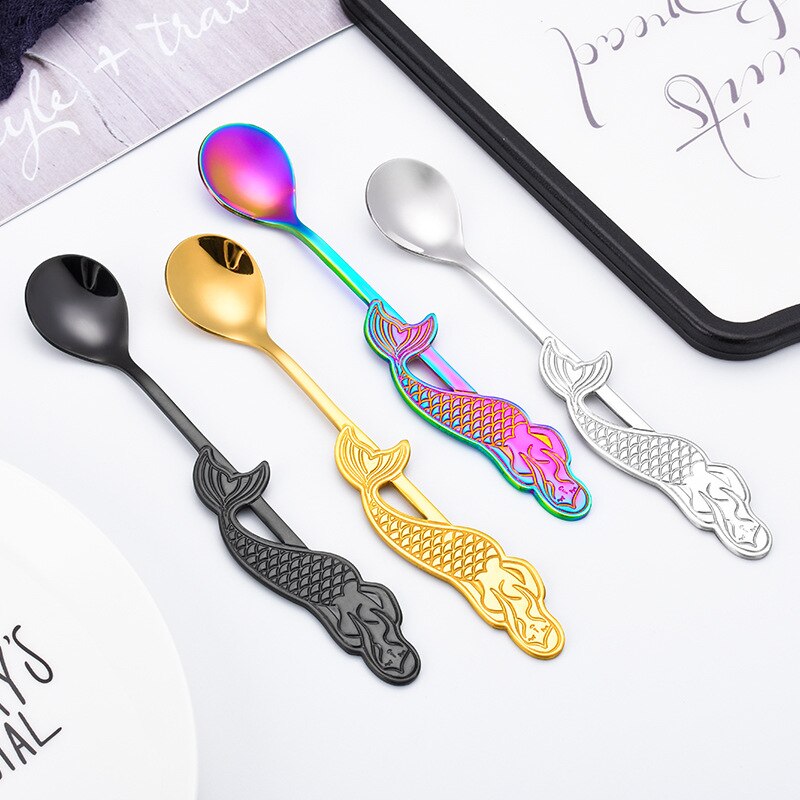 Cuillère à café et à Dessert sirène en acier inoxydable, cuillère à thé Moka à sucre et crème glacée, accessoires de cuisine, vaisselle, de décoration