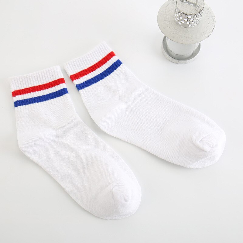 Calcetines a rayas de algodón Midriff para hombre, con dos rayas, estilo College Wind: red blue