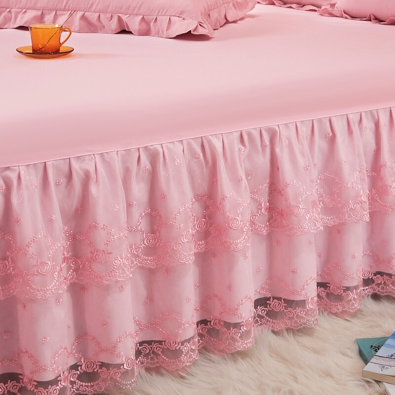 Stickerei Spitze Prinzessin Bett Felsen Doppel Schicht Rüschen Bettlaken Königin Größe Bett Dekoration Röcke Kissen Hochzeit #/