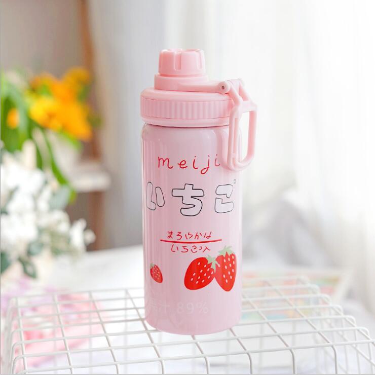 400ML Cute Pink Strawberry Water Bottle Travel Kawaii 304 Stainless Steel Thermos Bottle With Straw Birthday Girl Women: 7