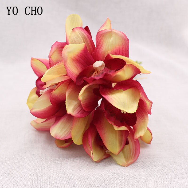 YO CHO Nep Orchidee Bloem DIY Bruidsmeisje Boeket Bruiloft Bloem 6 Heads Orchidee Boeket Bloemstuk Groen Thuis Party Decor