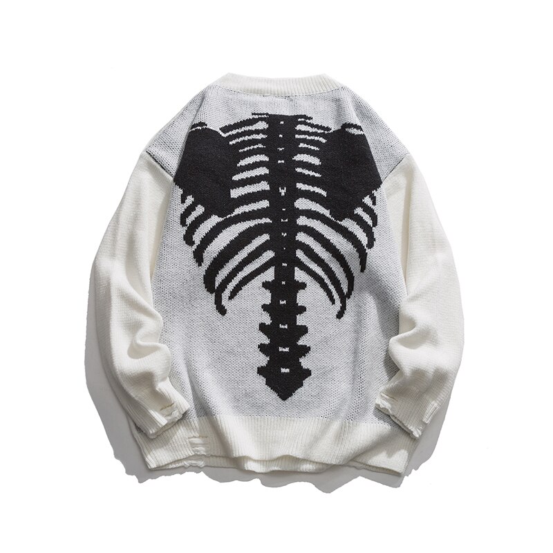 Skelet Bone Jacquard Truien Streetwear Harajuku Casual Trui Mannen Kleding Winter Jas Retro Losse Paar Top: White / Xl