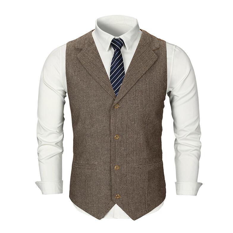 Yunclos herrväst i ylle kostym enkelknäppt bröllop brudgum slim fit herrväst väst väst affärsformell väst: Brun / S
