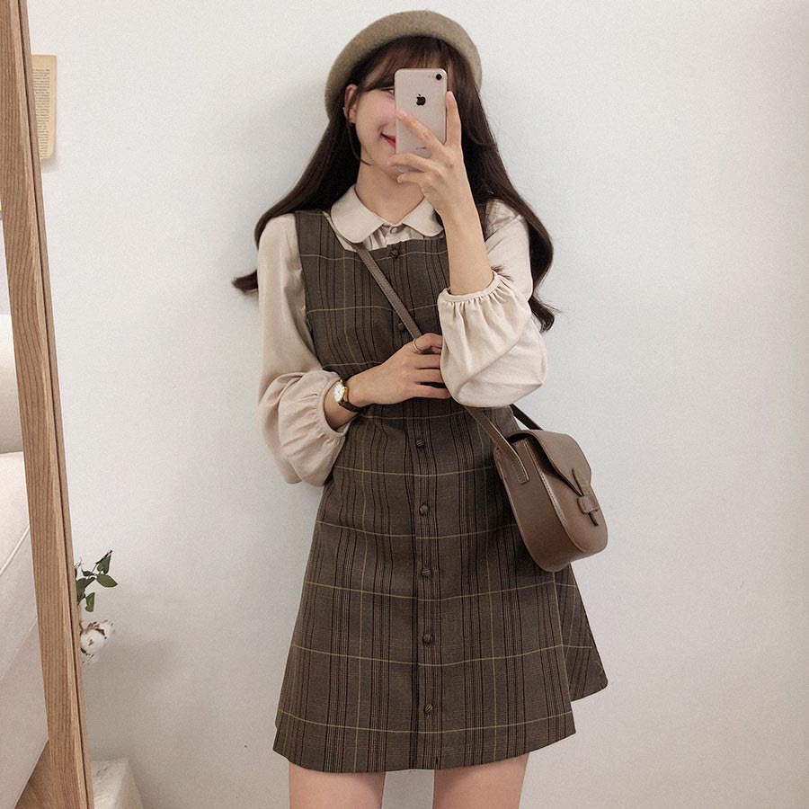 Preppy Sty – tenues assorties pour filles japonaises, robe chemise trapèze à carreaux pour dames, automne printemps 2023: S / Bleu