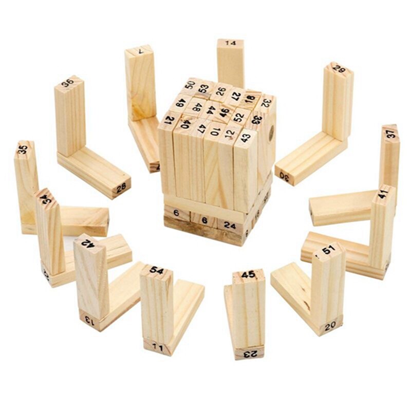 Juego de apilamiento de bloques de madera de 54 piezas con números y dados