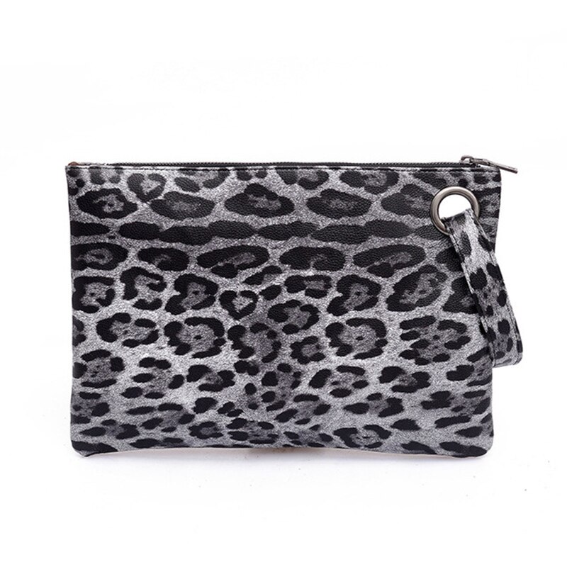 Women Leopard Pu Leather Clutch Wrist Bag Simple Zip Handbag Ladies Travel Cell Phone Evening Party Bag Purses: grey