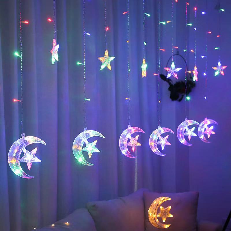 Cortina de luces LED con forma de luna y estrella para decoración, guirnalda de 3,5 M para Navidad, festividades, Año , cortina en la ventana
