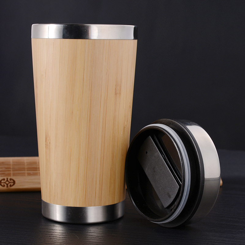 Bamboe koffiebeker roestvrij staal koffie reisbeker met deksel lekvrije geïsoleerde koffie herbruikbare beker thee mokken 450ml