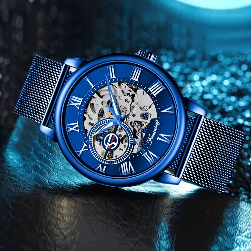 Mode FORSINING Mannen Mechanisch Horloge Mannen Blauw Volledige steel Skeleton Hand wind Bedrijvengids Horloge Relogio Masculino