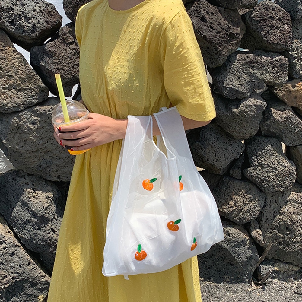 Kvinner organza mesh gjennomsiktig totes frukt broderi håndvesker koreansk stil kvinnelig øko handlepose vesker