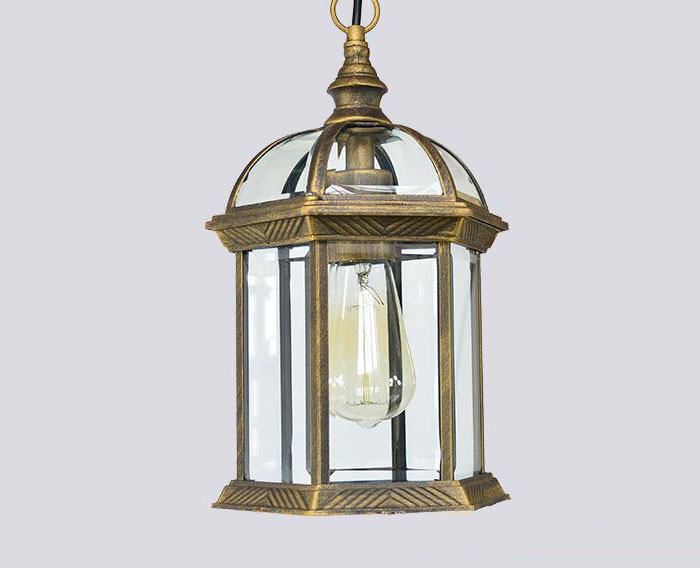 Antikk aluminiumslegering + glassskjerm utendørs pendellamper, hengende lyktelysarmatur til veranda med klar glasskjermer: Bronse