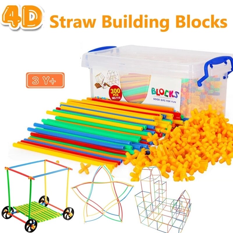 4D Straw Construction Building Blocks Tunnel Shaped Stitching Inserted Pipe Blocks Educational Toys for Children