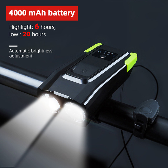 JOSHOCk 2000mAh 4000mAh Bicycle Light With Horn USB Rechargeable 10000 Lumens LED Light For Bike Cycling Lamp With Taillight: 4000mAh Green
