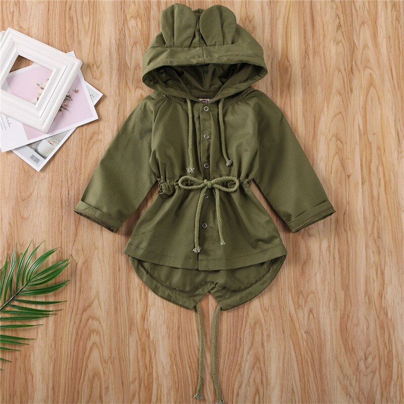 Børn trench efterår forår spædbørn drenge piger baby trench coat ensfarvet pink grøn enkeltradede ører hættebeklædning outwear: Militærgrøn / 24m