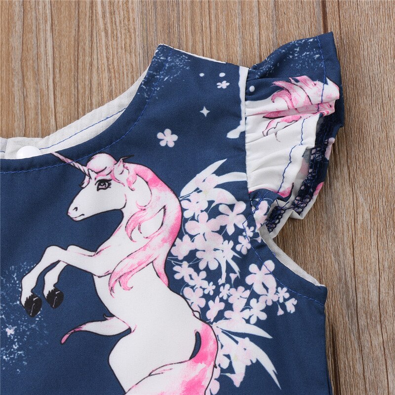 Vestido de verano con estampado de unicornio y mangas con volantes para niñas pequeñas