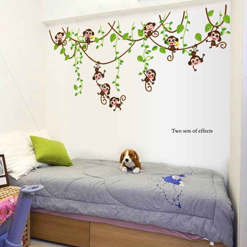 Pegatinas de pared de mini monos para habitación de niños, calcomanías de Arte de vinilo 3D, animales, plantas, pegatina de papel pintado dormitorio, guardería, decoración del hogar