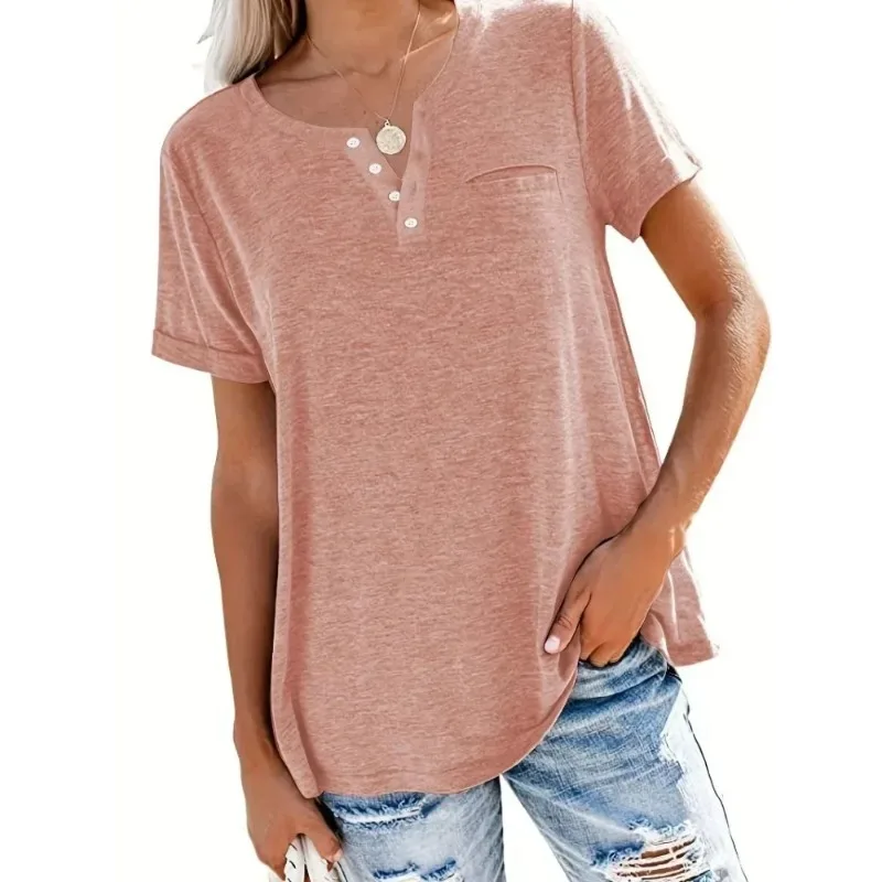 T-shirt décontracté à manches courtes et col en V pour femmes avec poches, grande taille, 1XL-8XL, printemps et été, style