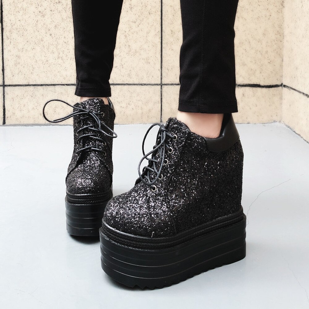 14cm dames ronde neus platform pailletten bling sneakers wedge super hoge verborgen hak schoenen punk kant  up 2 kleuren meisjes