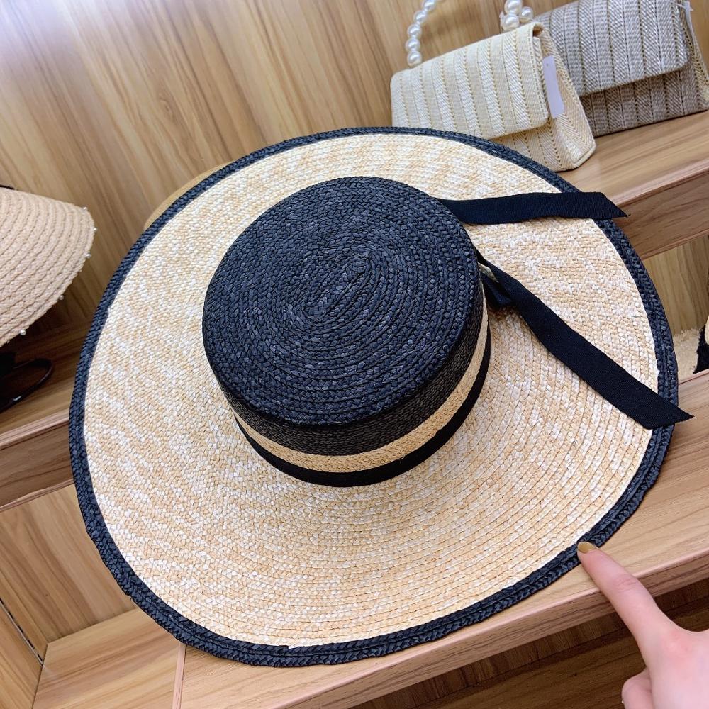 Sombrero de Sol de ala grande para dama, sombrero de paja de trigo de ala ancha, con lazo de cinta trenzada fina, color negro y beige, para playa, UPF50 +