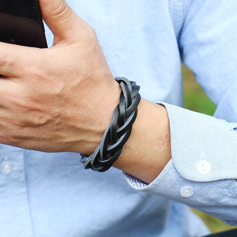 Zwart Bruin Gevlochten Lederen Armband Mannen Punk Metalen Knop Wrap Polsband Armbanden Voor Mannen Accessoires