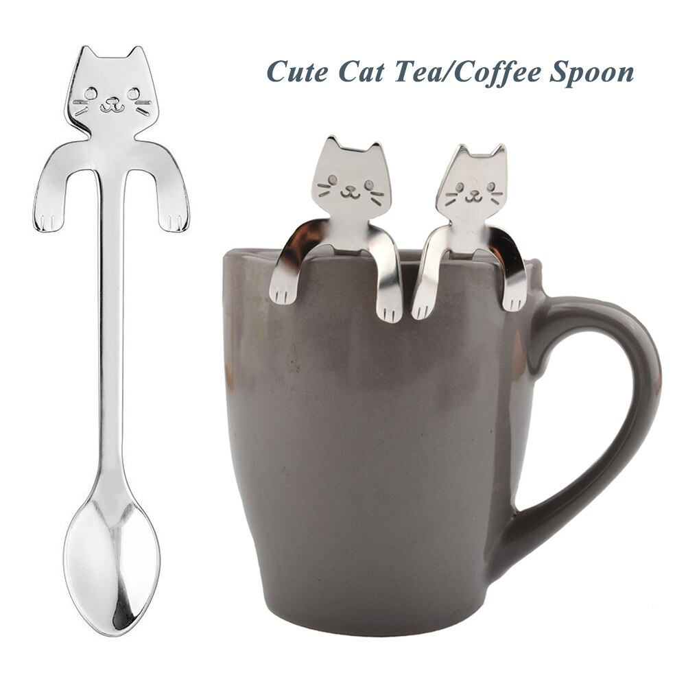 Stainless Steel Cat Spoon Long Handle Flatware Coffee Tea Spoon Seasoning Drinking Tools Hanging Up Teaspoon Kitchen Gadgets