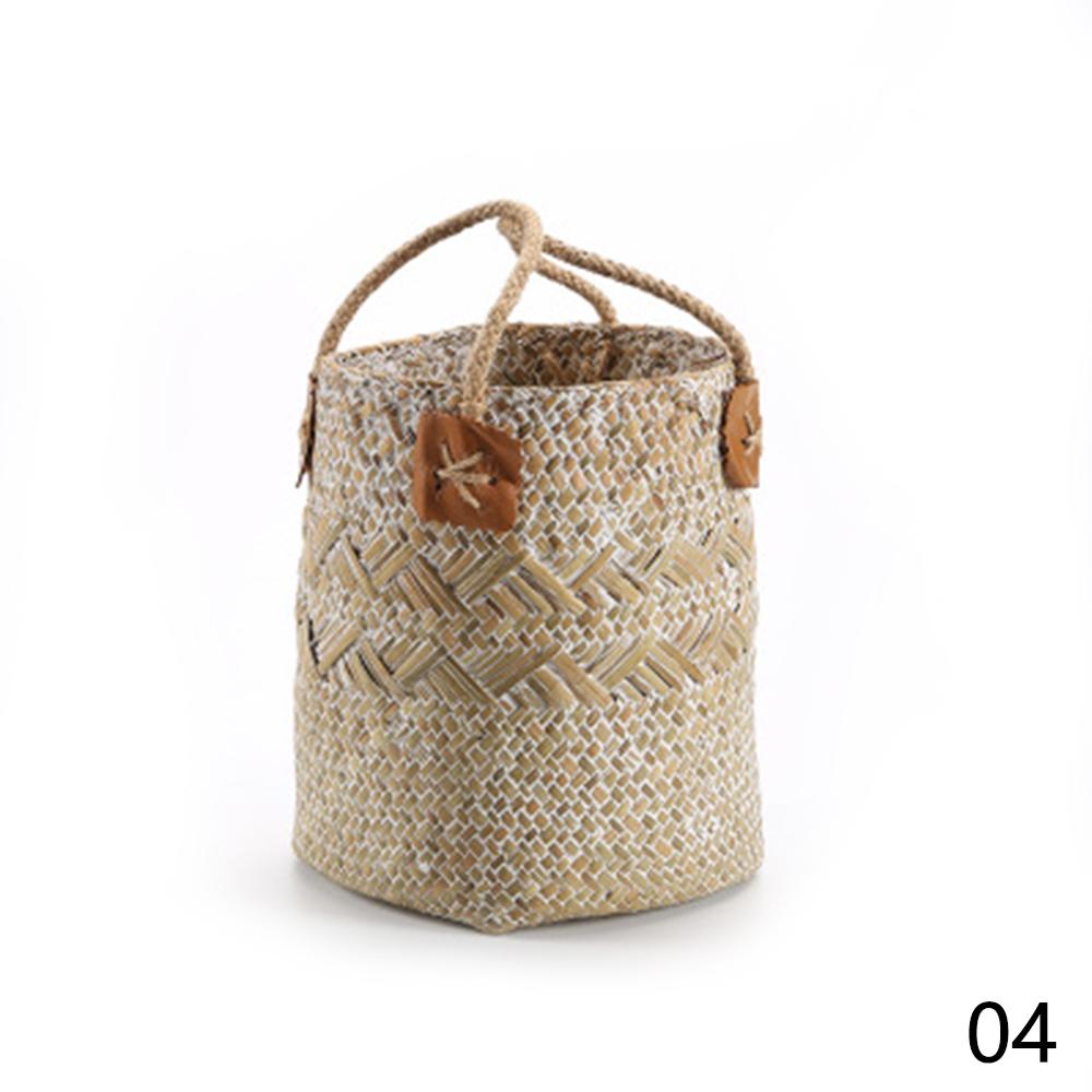 Seagrass Woven Storage Baskets Garden Flower Vase Hanging Basket Rattan Planter Potted Organizer Home Laundry Basket with Handle: 02 S
