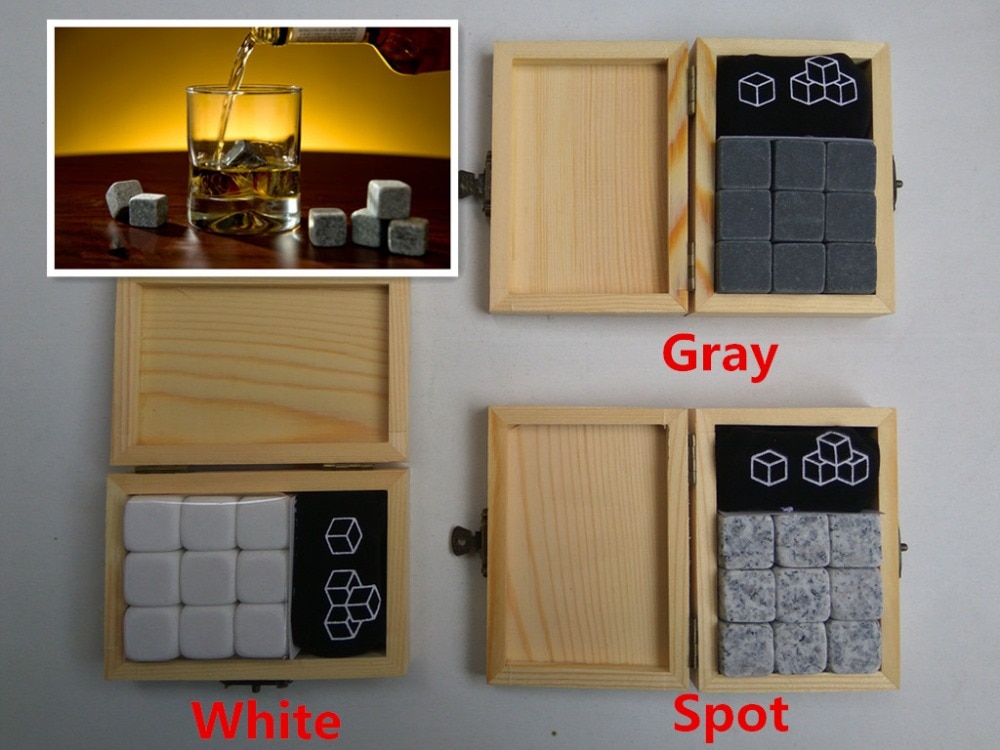 3 kleuren 9 stks/set Whiskey Stones met houten doos + fluwelen tas whisky whiskey rotsen stenen kubus steen houten doos