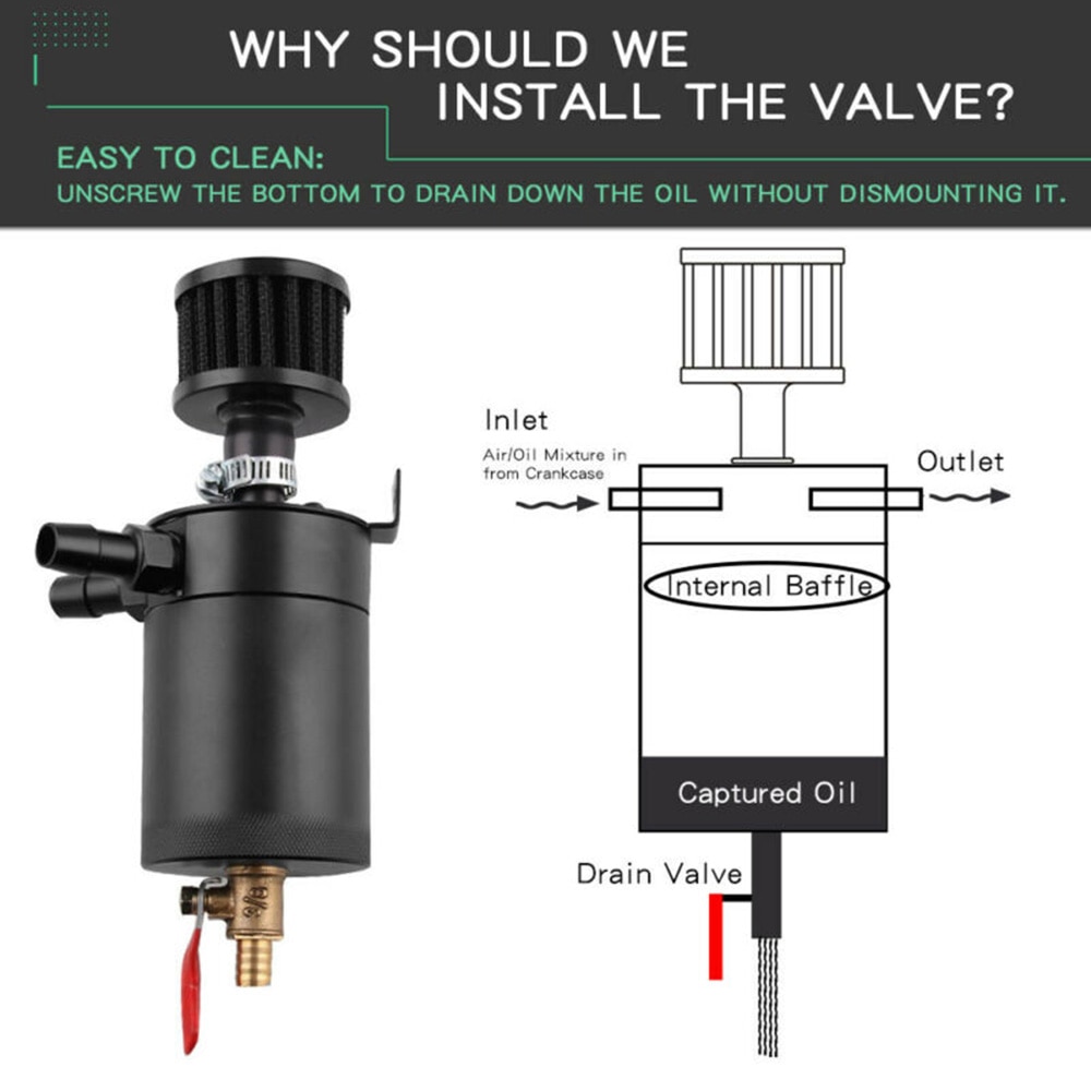 Tank Oil Catch Can 2-Port Drain Valve Breather 3/8\" NPT 150ml Practical