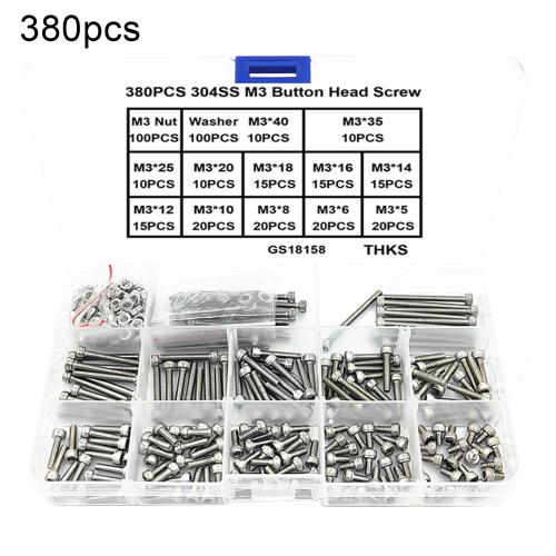 280/380Pcs 304 Stainless Steel M3 Cylindrical Head Hex Socket Cap Bolt Screw Nuts Set Assortment Kit Hardware Tool: 380pcs