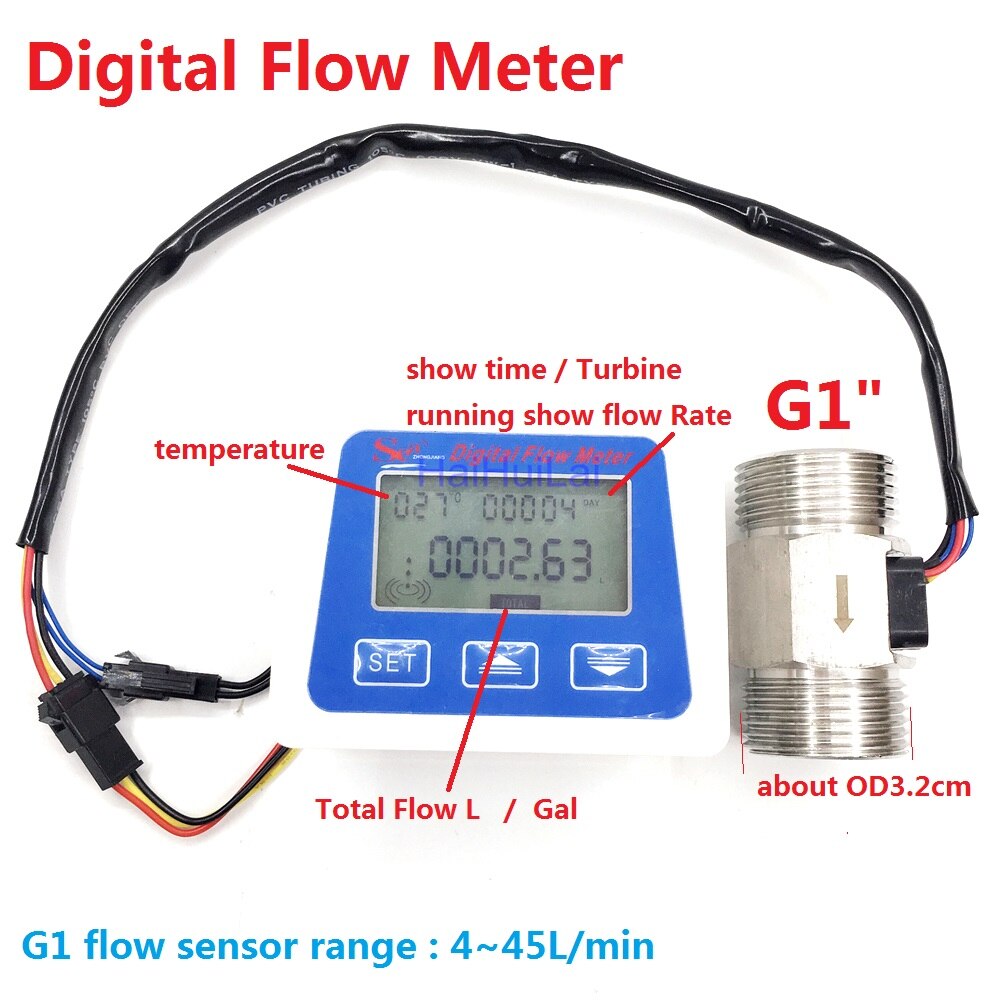 Medidor de flujo Digital de 1 ", Sensor de flujo de turbina, 4-45L/min + NTC, medición de temperatura, Total de litros