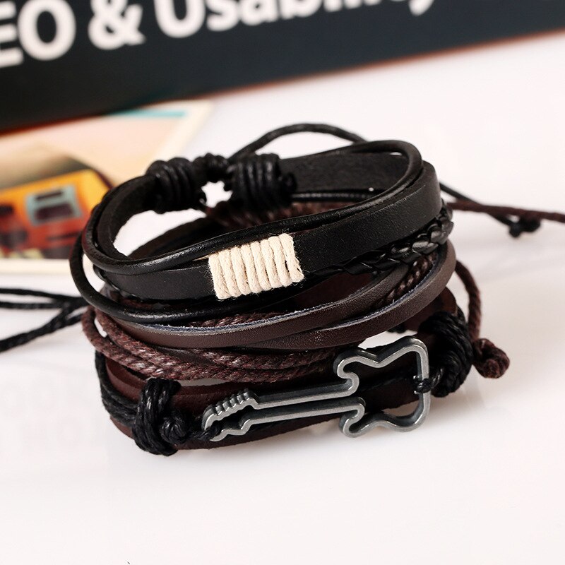 Simple Retro Hand-woven Leather Men's Bracelet Alloy Guitar Leather Multi-layer Suit Women's Bracelet Jewelry