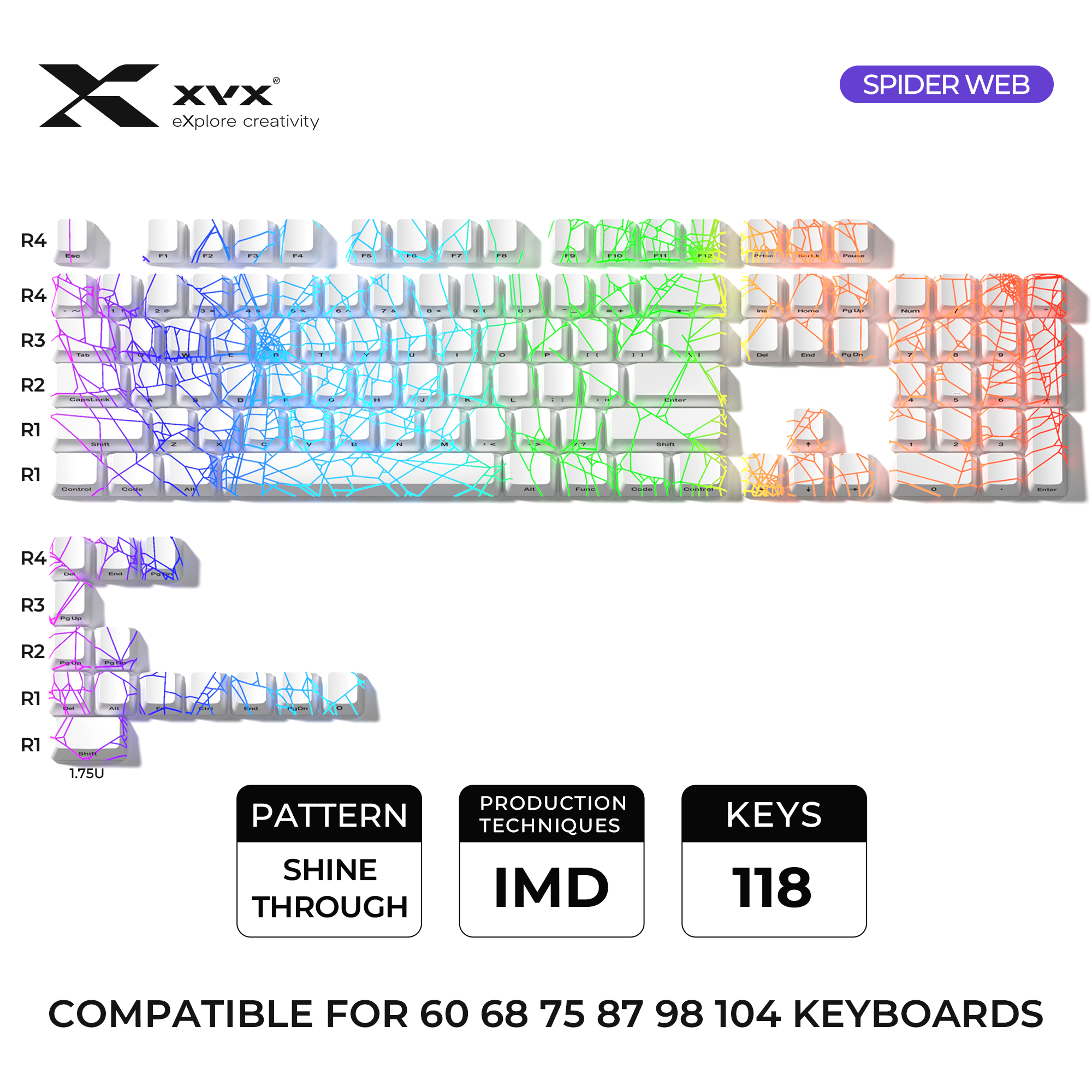 XVX SPIDER WEB Version motif brillant à travers le profil OEM ensemble de capuchons de touches IMD-Tech 118 touches capuchons de touches rétro-éclairage noirs (capuchons de touches uniquement): WHITE