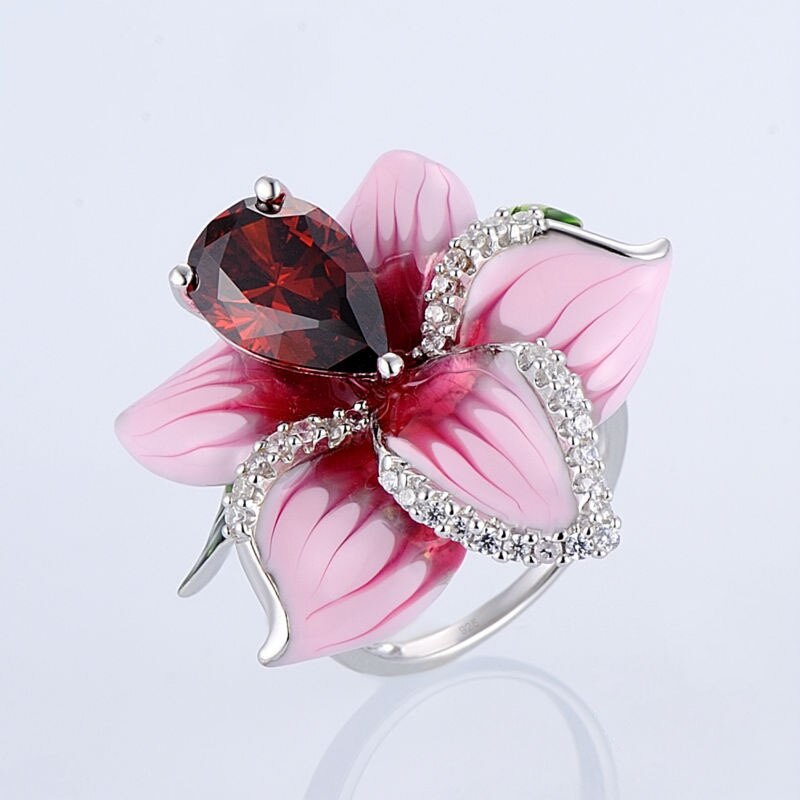 Söt kvinnlig rosa blomma ring brud röd sten ring vintage bröllop smycken lovar kärlek förlovningsringar för kvinnor