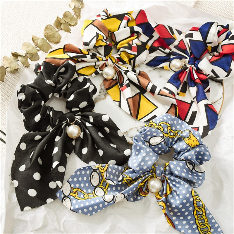 Sommer hestehale tørklæde elastisk hårreb til kvinder hår sløjfer scrunchies hårbånd med blomsterprint bånd hårbånd