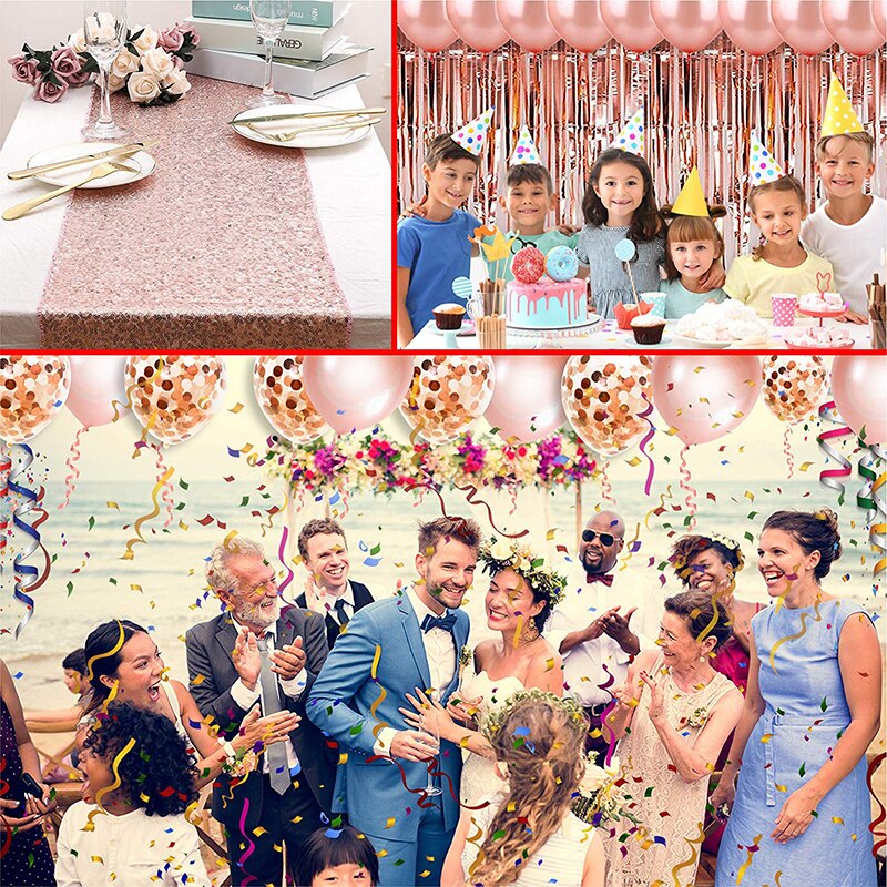 Set roségouden feestdecoraties, ballonnen, kwastjes, folie, franjes, gordijnen, tafellopers, linten voor een bruidsdouche, babyshowerfeestje