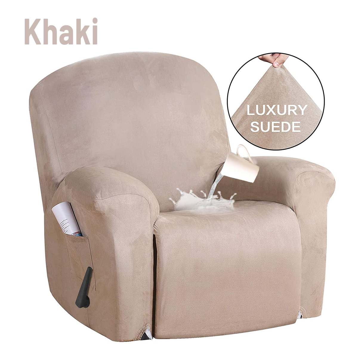 Vandtæt elastisk hvilestol betræk 4- i -1 delt ruskind lænestol betræk stretch sofa sofa slipcovers vaskbar møbelbeskytter: Khaki