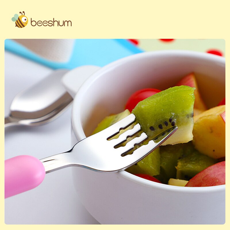 Beeshum Infant Feeding Spoon Fork Baby Gadgets Tableware Set Children Cartoon Utensil Stainless Steel Toddler Dinnerware Cutlery