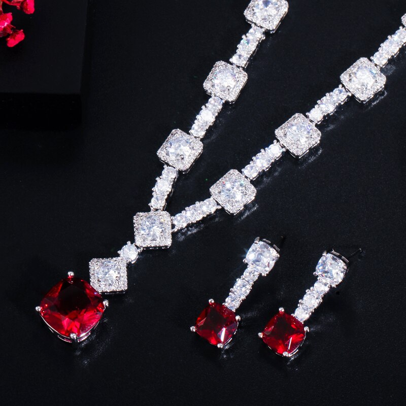 CWWZircons Chique Redondo e Quadrado Cut Red Cubic Zirconia Wedding Party Mulheres Jóias Elegante Conjunto Colar Brinco para Noivas T454: red