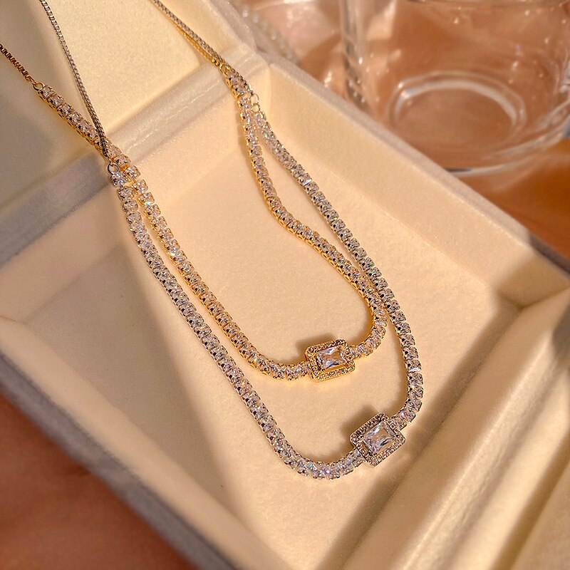Trendy Exquisite 14K Real Gold Plated Geometrische Vierkante Zirkoon Ketting Voor Vrouwen Meisje Sieraden Aaa Zirkoon