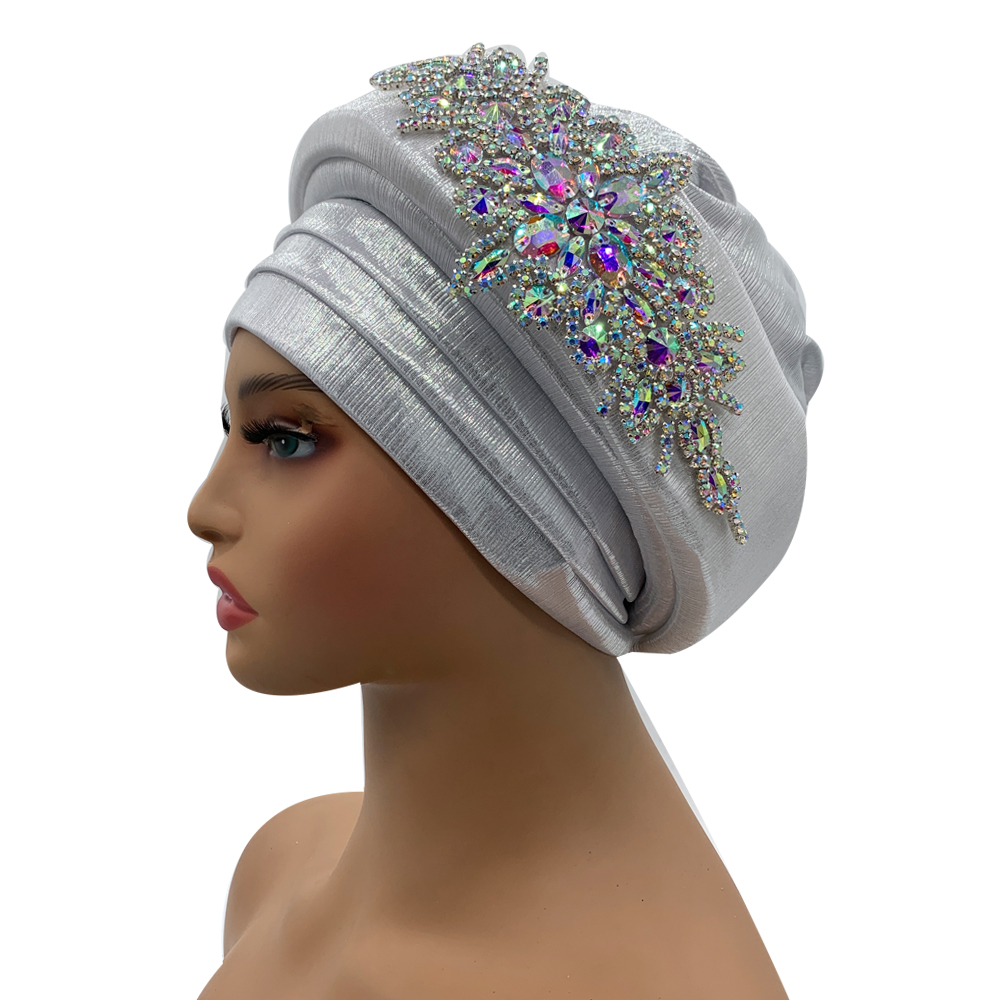 Luxus Strass Turban Hütte für Frauen Afrikanische wickeln Kopf Kopfbedeckung Nigeria Auto Gele Headtie Turbante Mujer: Sahne