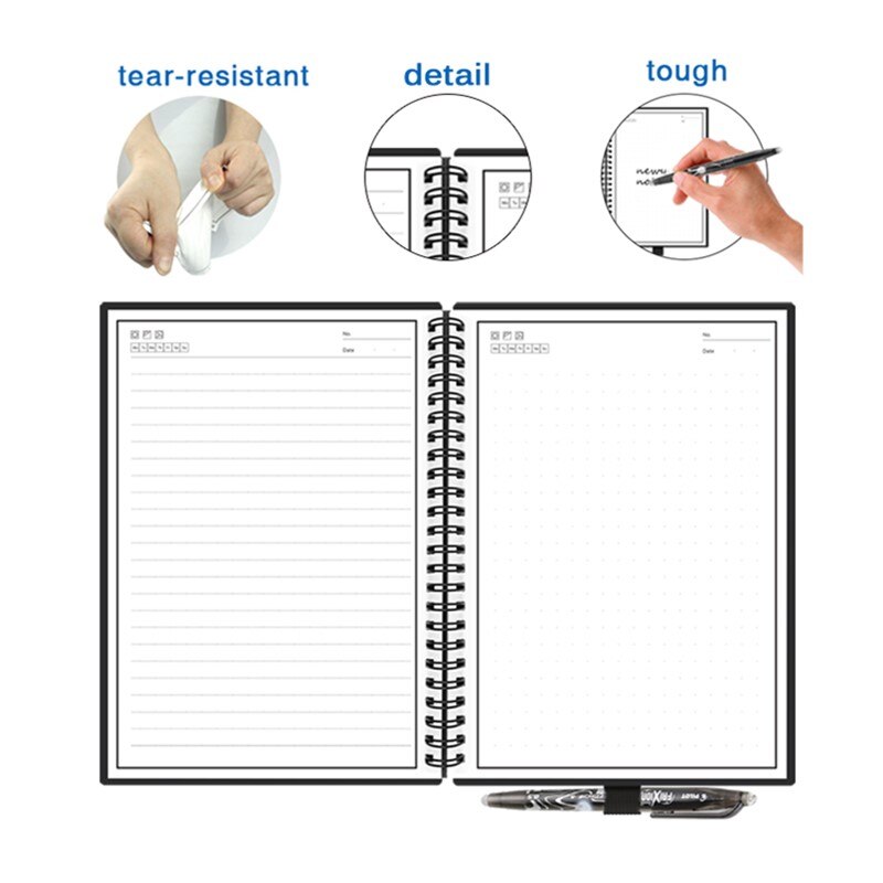 Wet Erasable Reusable Smart Writing Notebook A5/B5 Black Waterproof Erase Notepad Spiral Coil Book Save Paper Diary With Pen Set