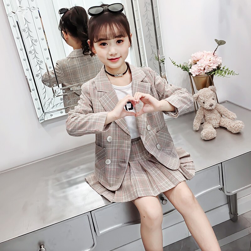 Girls Plaid Suit Set Kids Toddlers Spring Summer Clothes School Coat Jacket Children Cotton Blouse Pants Skirts: Coat Skirt / 4T