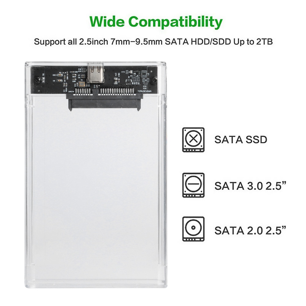 Caja de disco duro móvil USB 3,1 tipo C, carcasa externa transparente de 8TB, 2,5 pulgadas, SATA, HDD, SSD, para ordenador portátil y PC