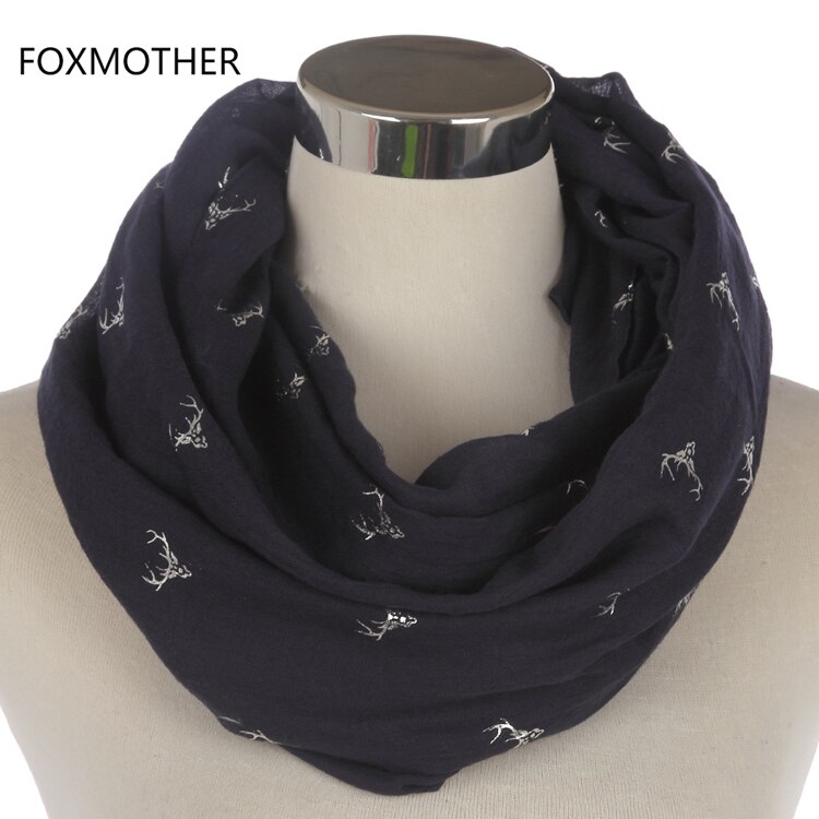 Foxmother modieuze donkergrijze bronzen zilveren eland hertenkop lange sjaal sjaals voor dames vrouwen kerst: Marineblauwe lus